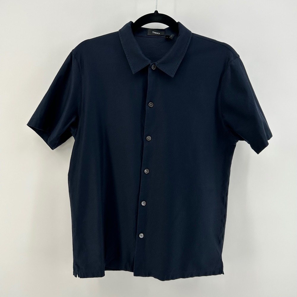 Theory Isak Shirt Lucent Jersey Mens Medium Navy Blue Cotton Button Down Polo